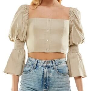 WAYF Crop Top Womens M Beige With Love Juliet Sleeve Linen Blend Boho Victorian